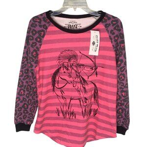 Crazy Train Womens Pink Leopard Sleeve Crew Neck Long Sleeve Shirt Sz S Cowgirl
